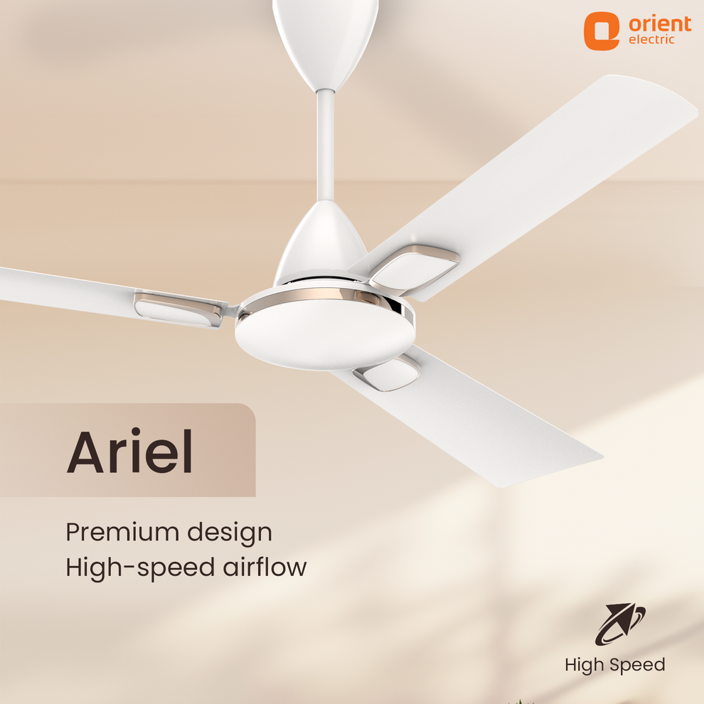 1200 mm White Orient Electric Ariel Ceiling Fan | Metallic Finish with Decorative Ring and Trims | High Speed Airflow 370 RPM | 2 Year Warranty premium designed high speed airflow