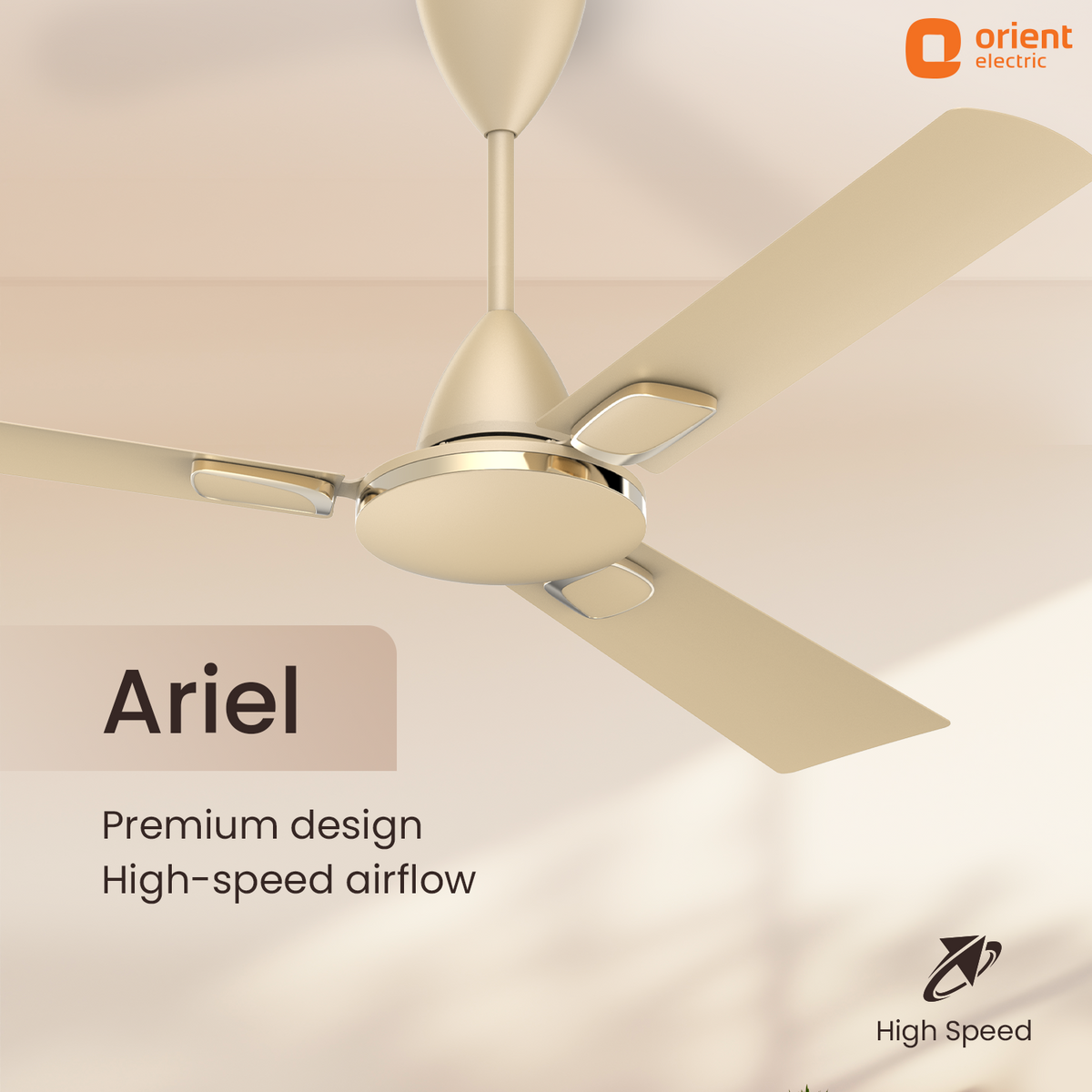 1200 mm Matte Gold Orient Electric Ariel Ceiling Fan | Metallic Finish with Decorative Ring and Trims | High Speed Airflow 370 RPM | 2 Year Warranty premium design with high speed airflow