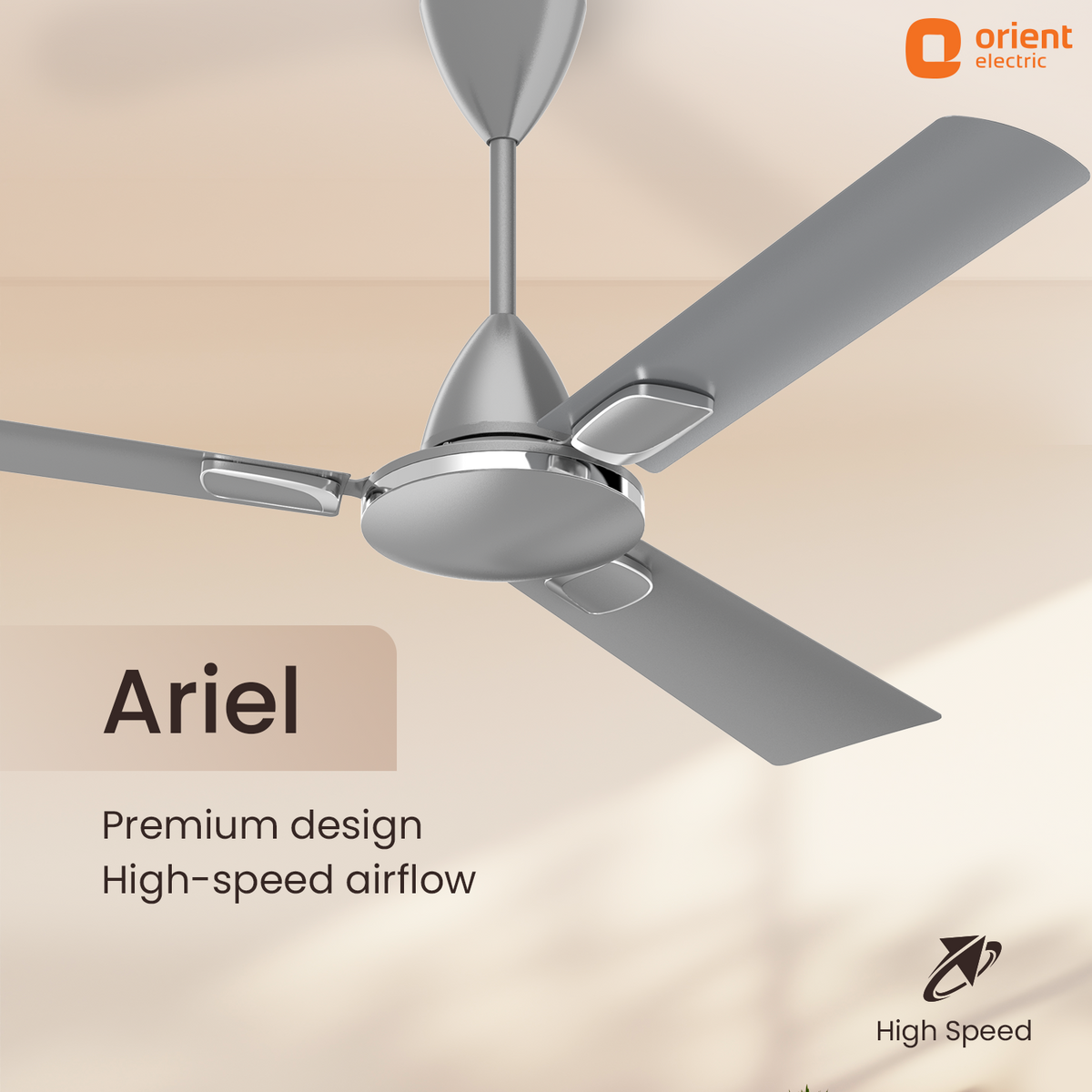 1200 mm Daytone Grey Orient Electric Ariel Ceiling Fan | Metallic Finish with Decorative Ring and Trims | High Speed Airflow 370 RPM | 2 Year Warranty premium design with high speed airflow