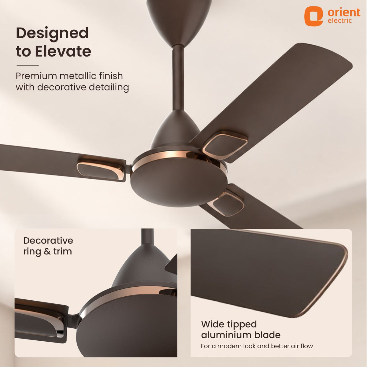 1200 mm MBC Orient Electric Ariel Ceiling Fan | Metallic Finish with Decorative Ring and Trims | High Speed Airflow 370 RPM | 2 Year Warranty designed to elevate premium metallic finish with decorative detailing