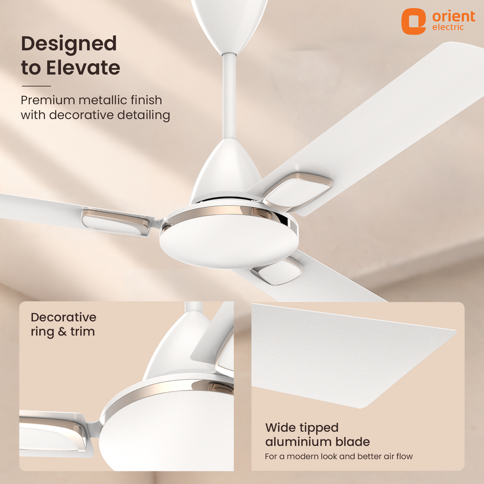 1200 mm White Orient Electric Ariel Ceiling Fan | Metallic Finish with Decorative Ring and Trims | High Speed Airflow 370 RPM | 2 Year Warranty designed to make a statement premium metallic finish with decorative detailing white tipped aluminium blade decorative ring and trim