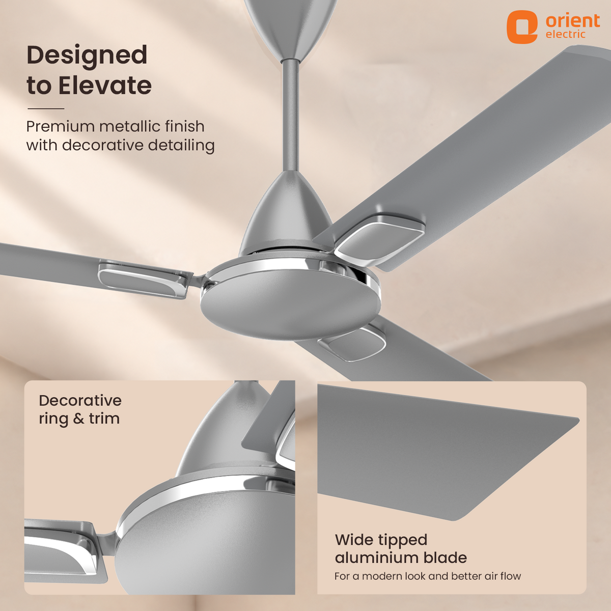 1200 mm Daytone Grey Orient Electric Ariel Ceiling Fan | Metallic Finish with Decorative Ring and Trims | High Speed Airflow 370 RPM | 2 Year Warranty decorative ring and trim wide tipped aluminium blade 