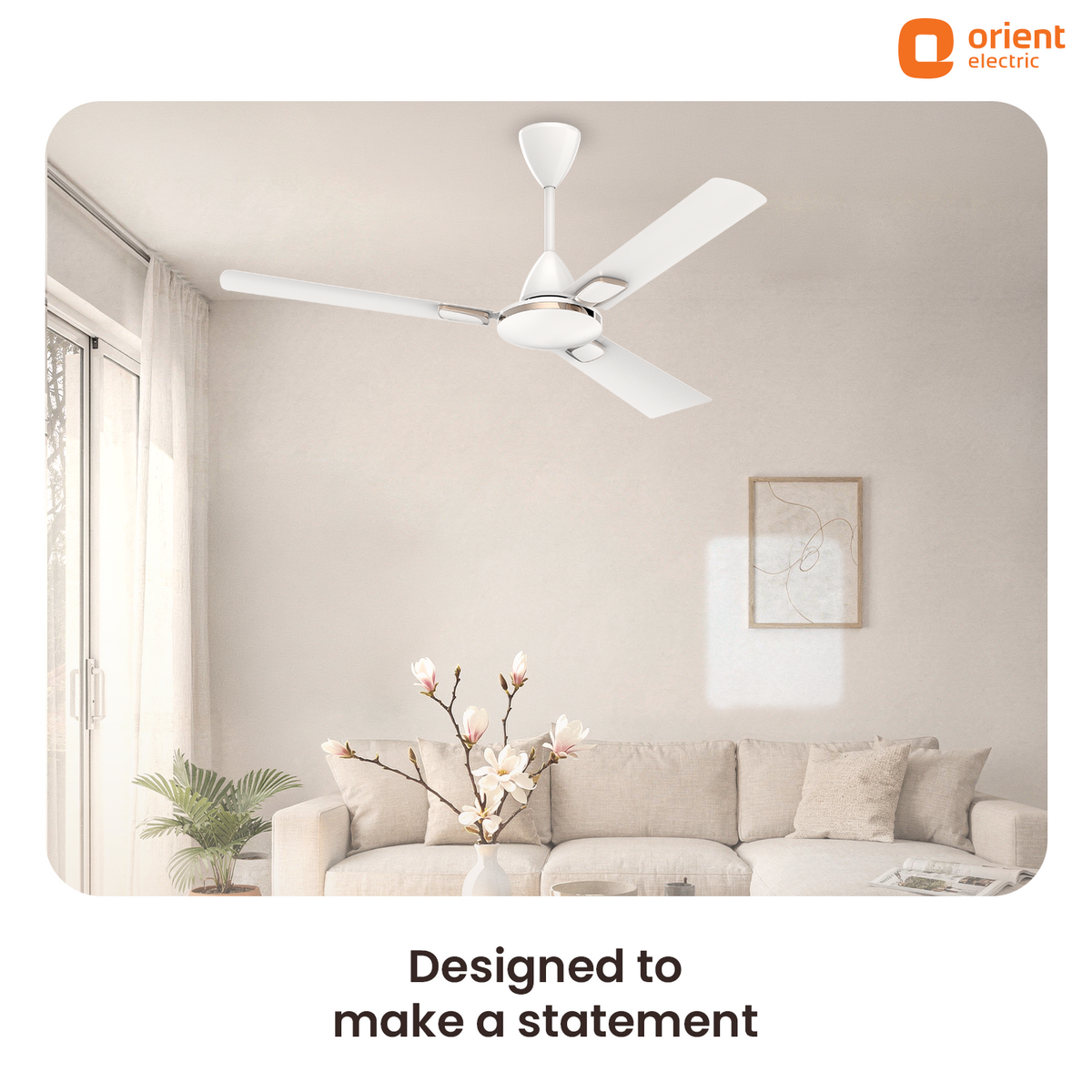1200 mm White Orient Electric Ariel Ceiling Fan | Metallic Finish with Decorative Ring and Trims | High Speed Airflow 370 RPM | 2 Year Warranty designed to make a statement