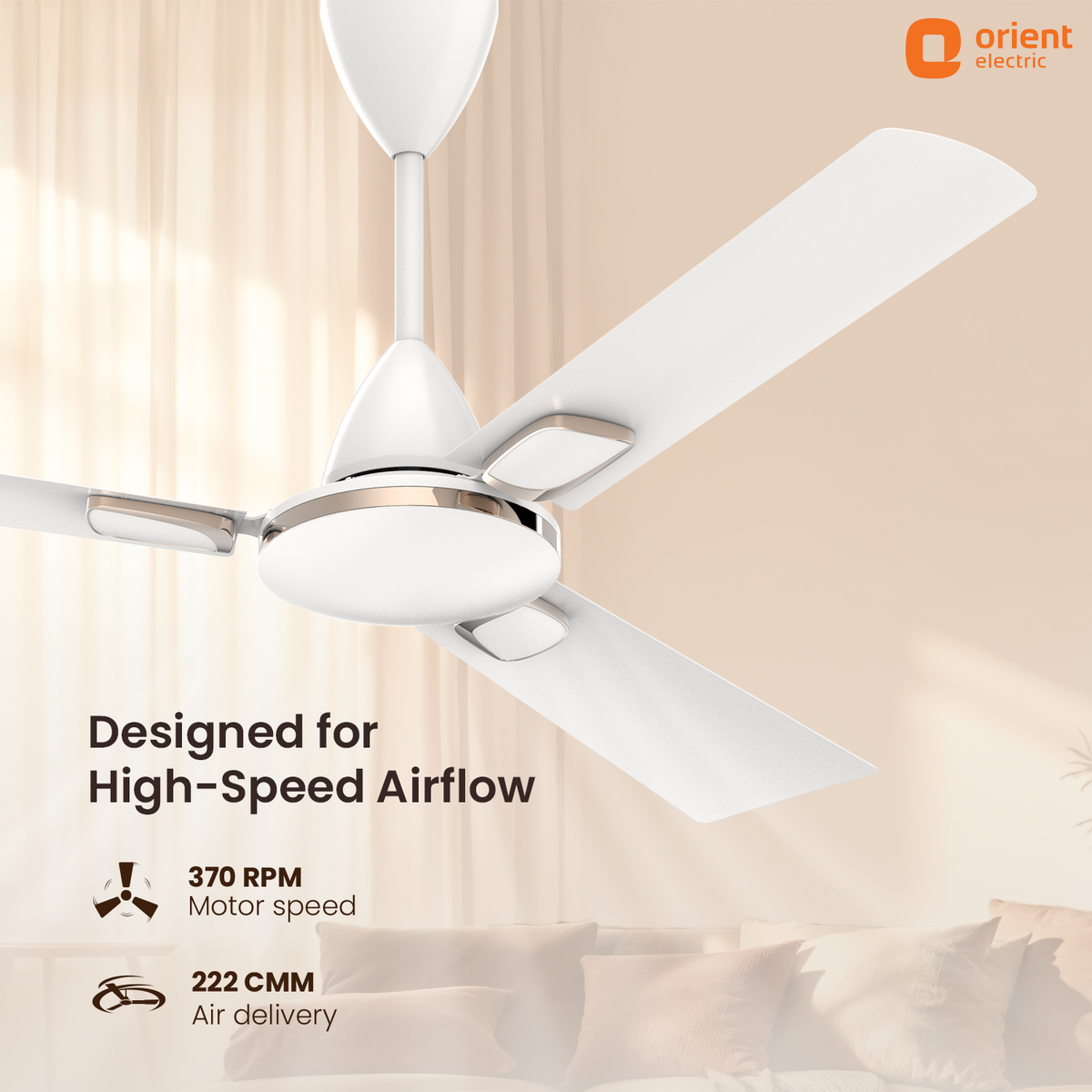 1200 mm White Orient Electric Ariel Ceiling Fan | Metallic Finish with Decorative Ring and Trims | High Speed Airflow 370 RPM | 2 Year Warranty designed for high speed airflow