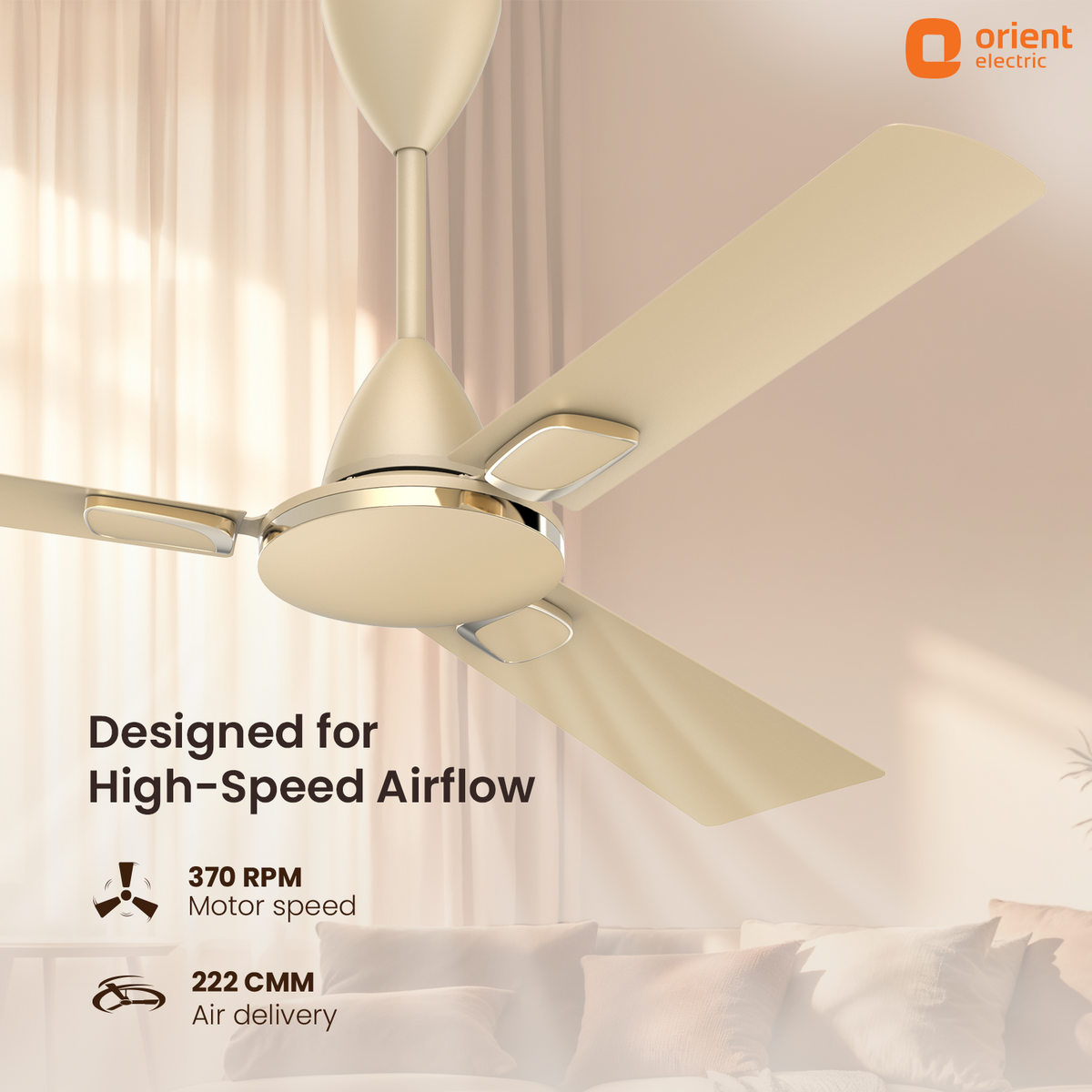 1200 mm Matte Gold Orient Electric Ariel Ceiling Fan | Metallic Finish with Decorative Ring and Trims | High Speed Airflow 370 RPM | 2 Year Warranty premium design with high speed airflow