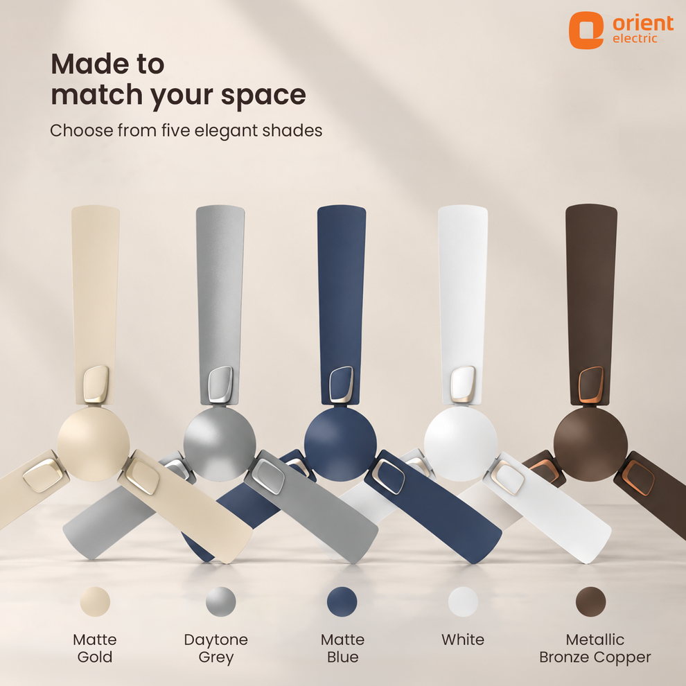 1200 mm Matte Blue Orient Electric Ariel Ceiling Fan | Metallic Finish with Decorative Ring and Trims | High Speed Airflow 370 RPM | 2 Year Warranty made to match your space and choose from five elegant shades