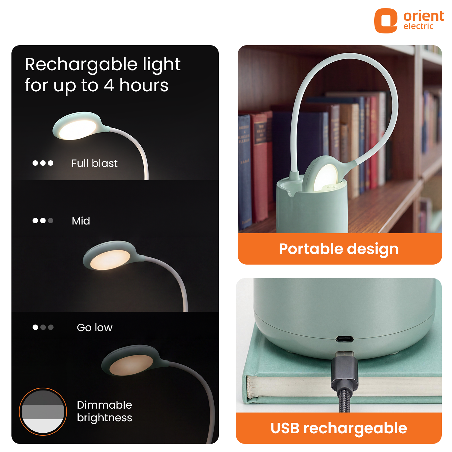 arc rechargeable led table lamp 6w green with fours hours battery backup usb rechargeable and portable design