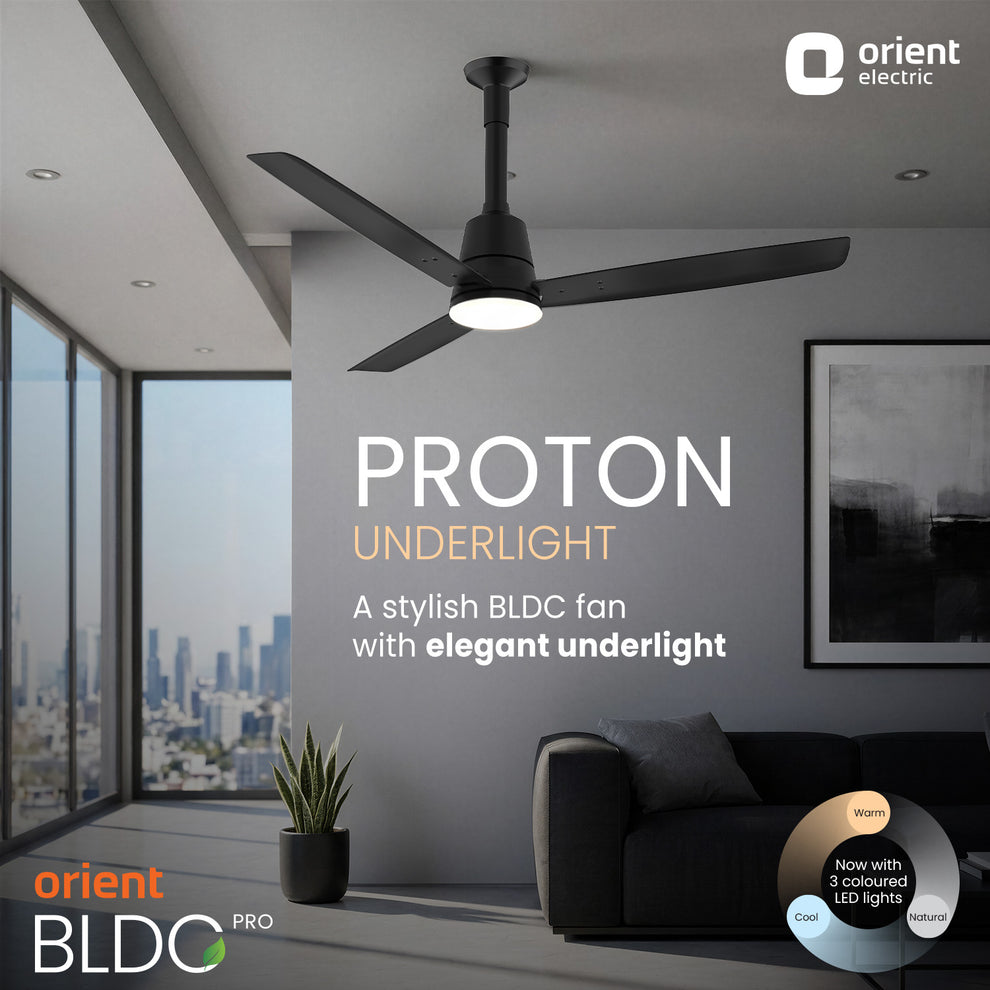 PROTON UL BLDC Fan black 1200 mm with led under light and 3 colored led lights