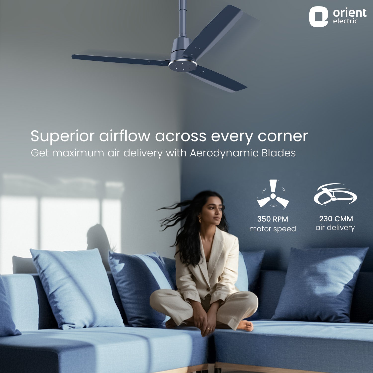 1200MM Steel Blue Ceiling fan with remote control Orient Electric