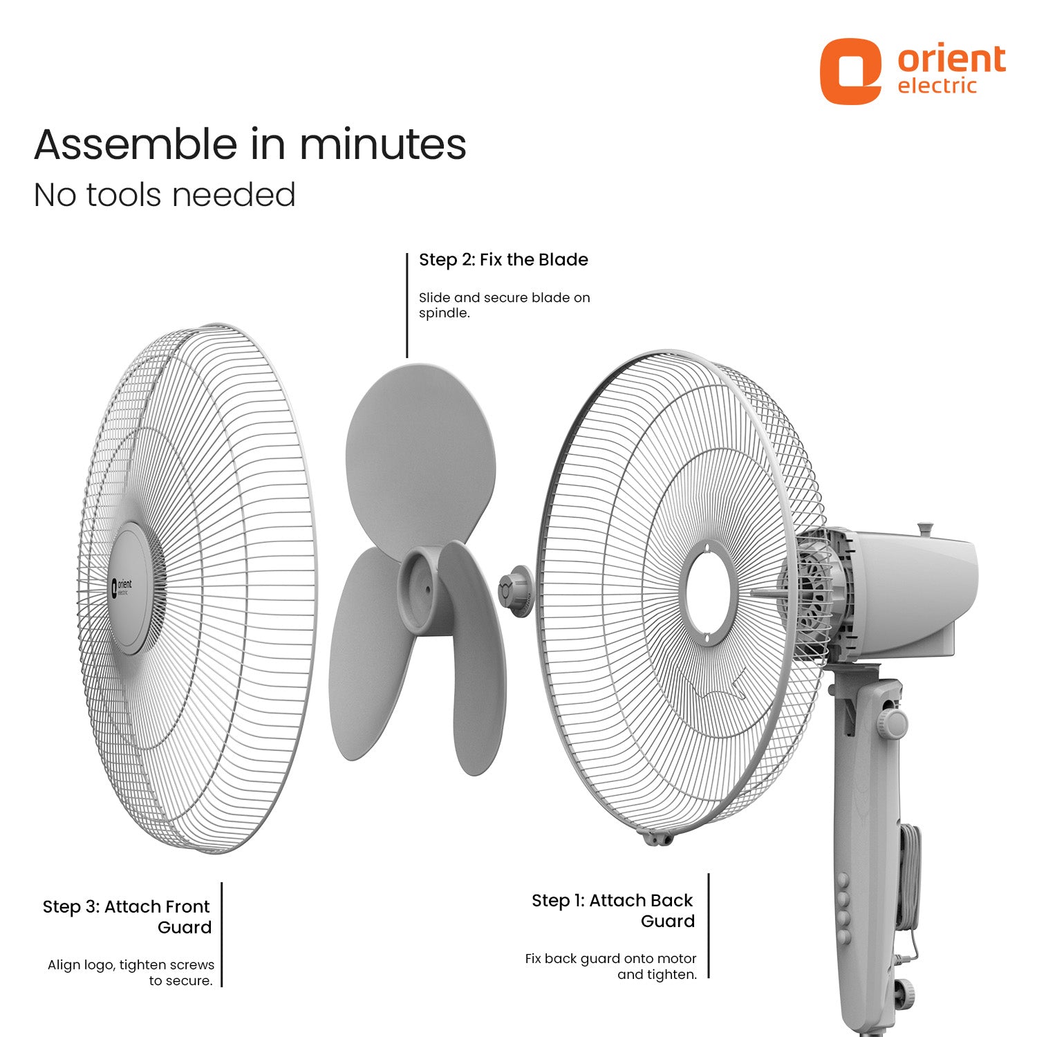 White Orient Electric wall fan assembly instructions on a white background