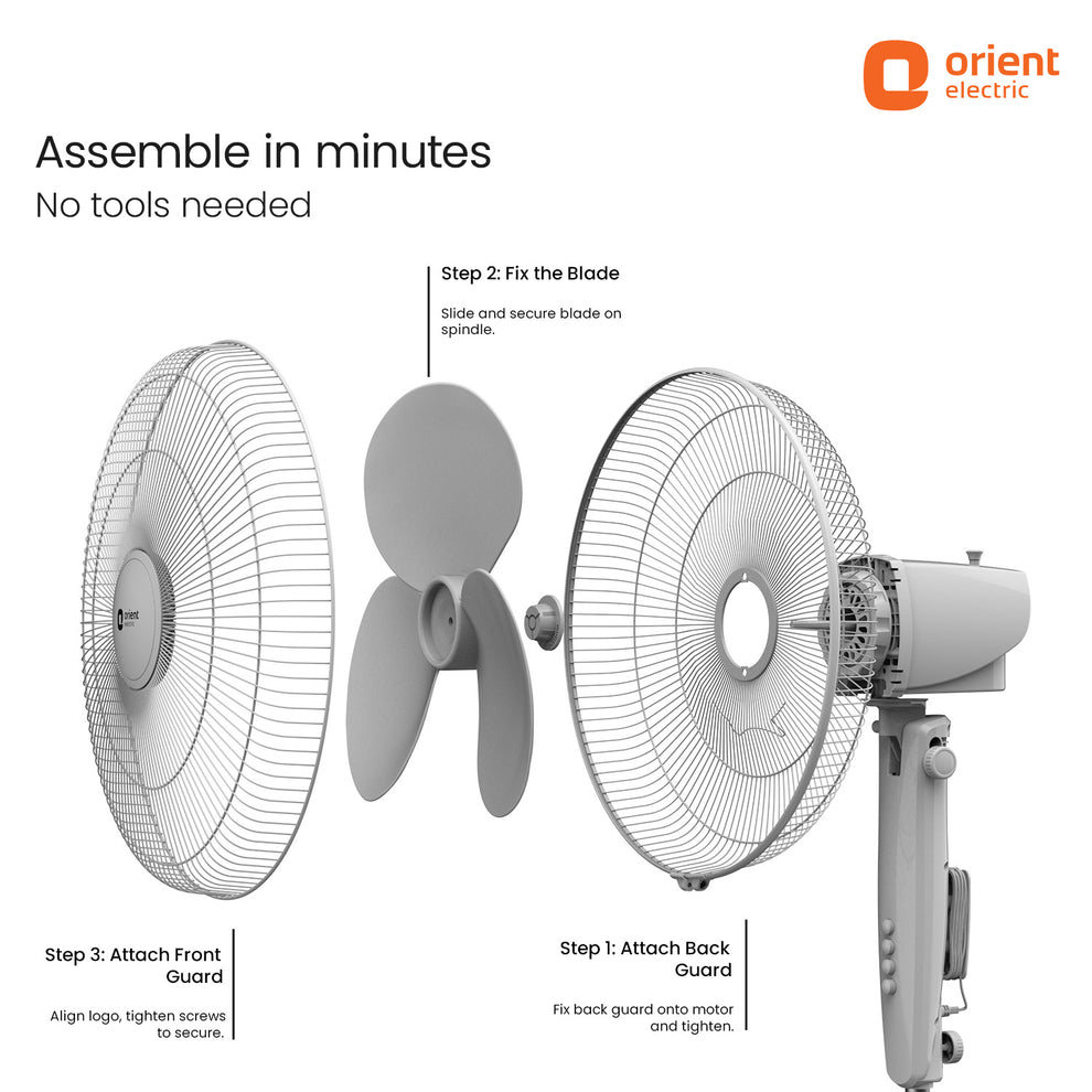 White Orient Electric wall fan assembly instructions on a white background