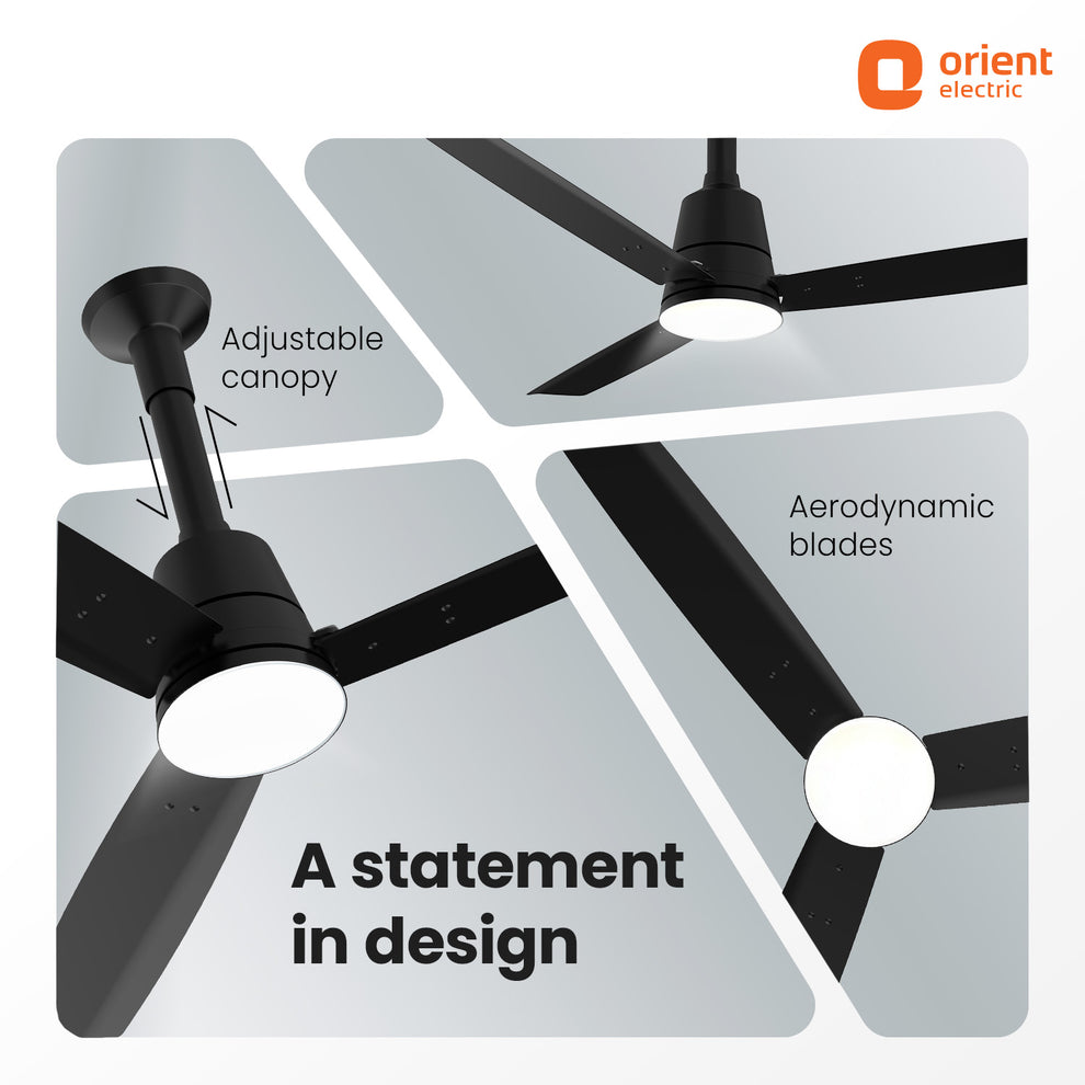 orient electric proton bldc ceiling fan with led under light black color with  statement in design