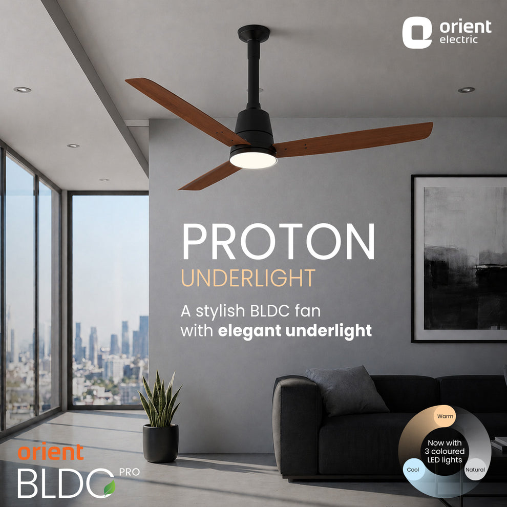 PROTON UL BLDC Fan teak wood 1200 mm with led under light aerodynamic blades and adjustable canopy