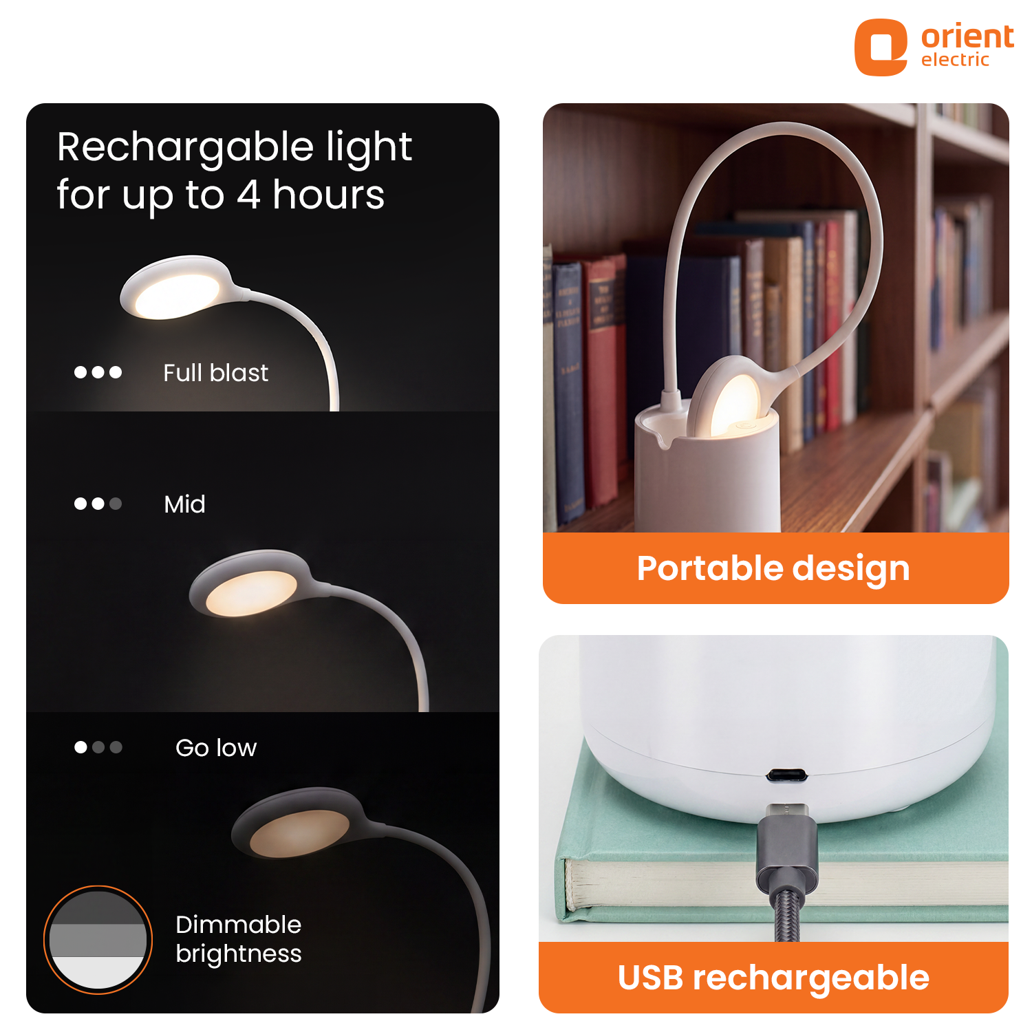 arc rechargeable led table lamp 6w white with dimmable brightness