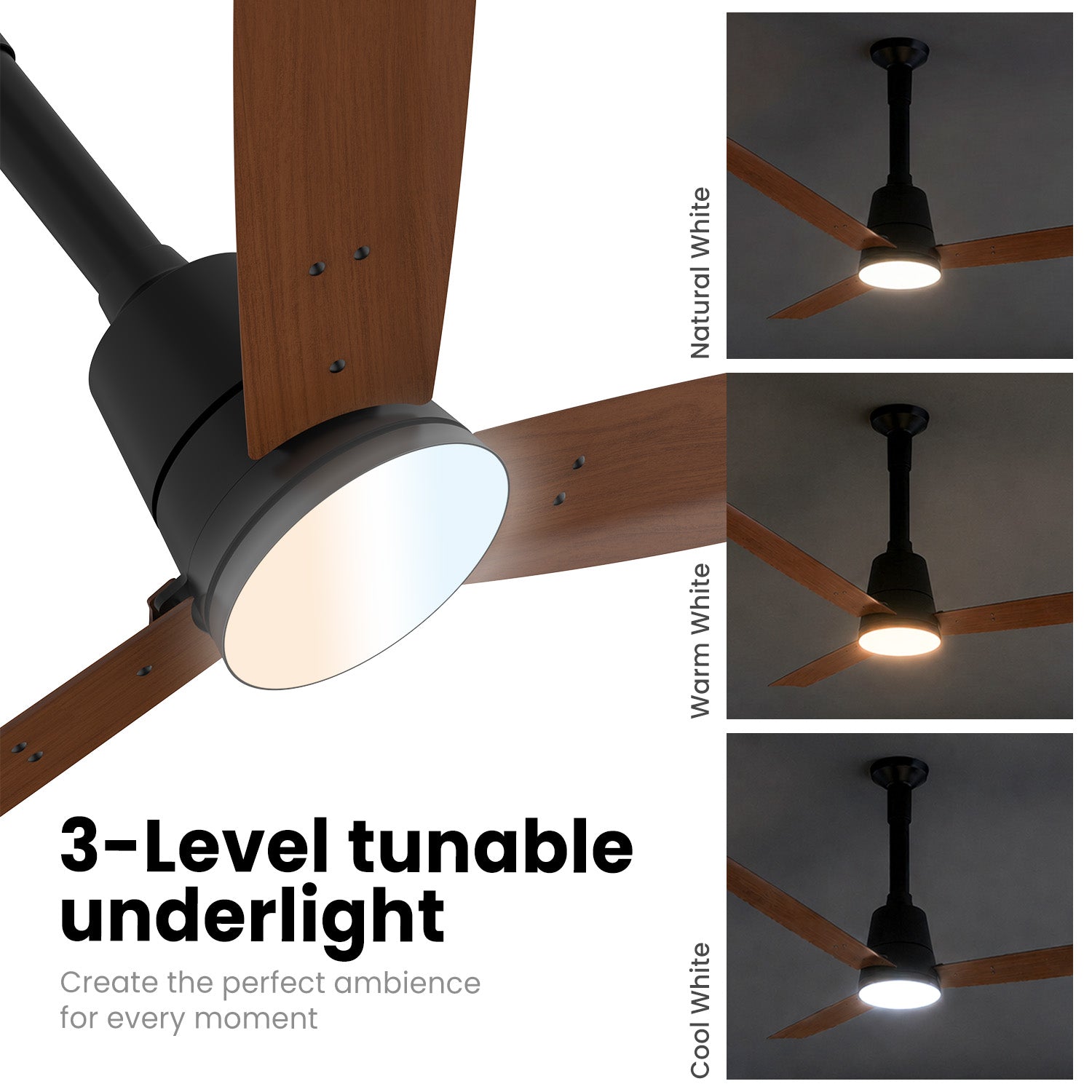 PROTON UL BLDC Fan teak wood 1200 mm with led under light and aerodynamic blades in 3 level tunable underlight
