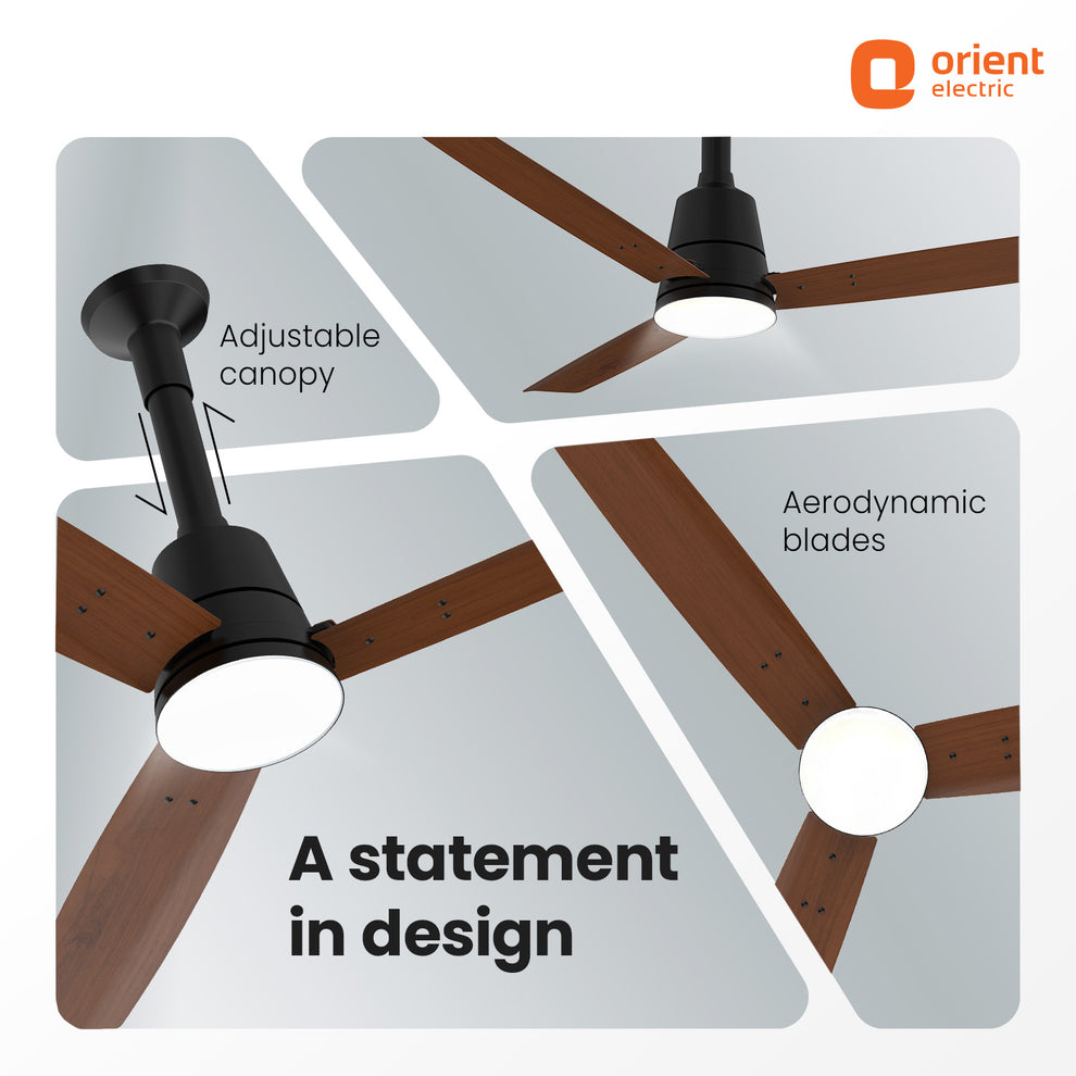 orient electric proton bldc ceiling fan with led under light teak wood with aerodynamic blades