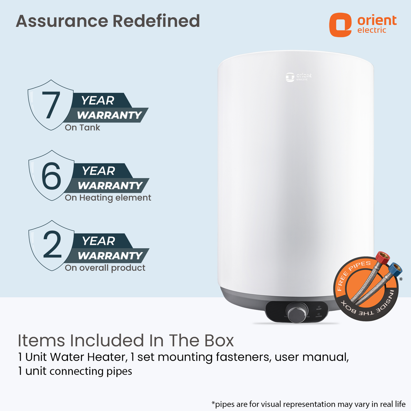 Orient Electric Aquanova Neo water heater with free connecting pipes and warranty