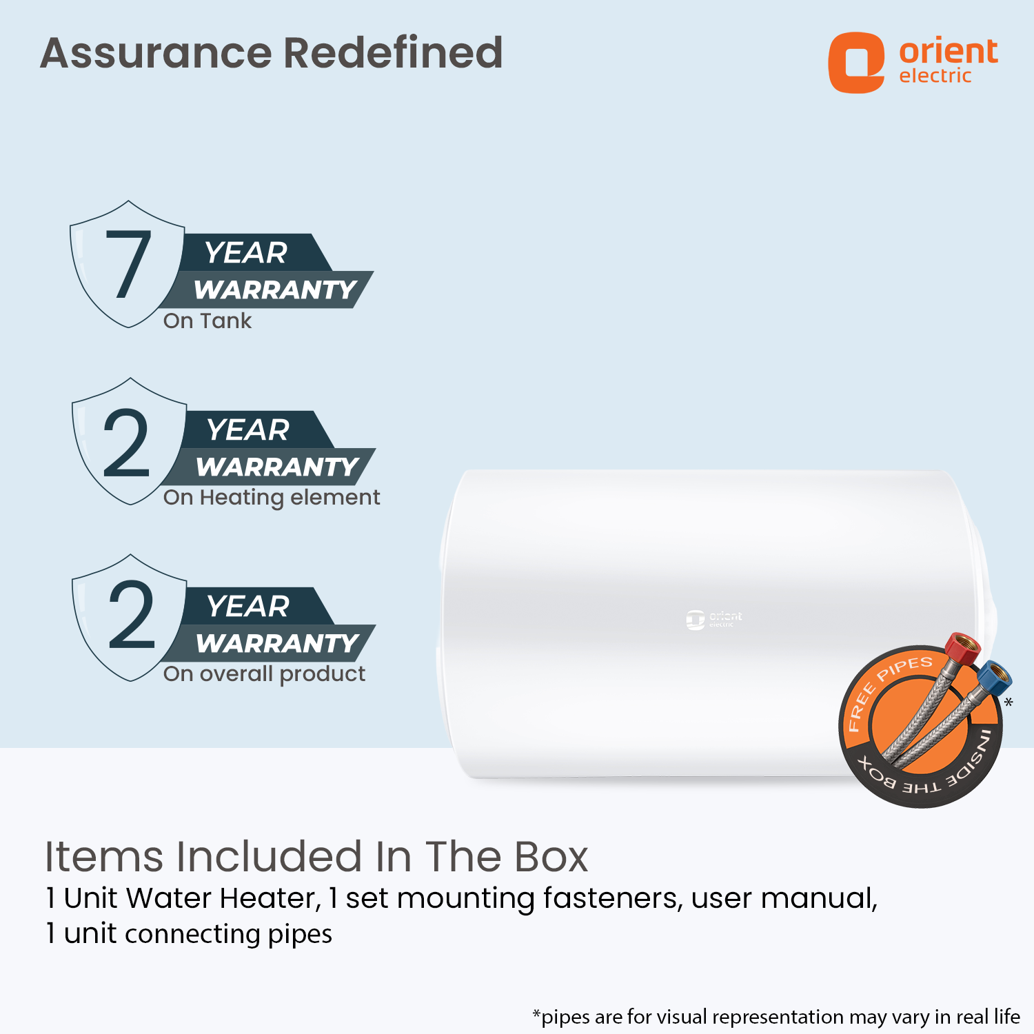 Orient Electric Aquaslim water heater with free connecting pipes and 7 year warranty