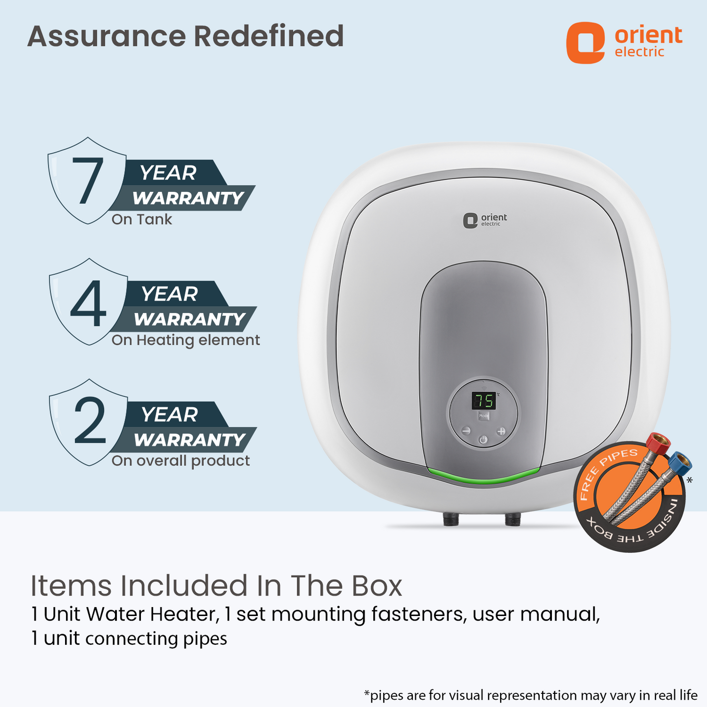 Orient Electric aquator iot water heater with free connecting pipes and 2 years warranty