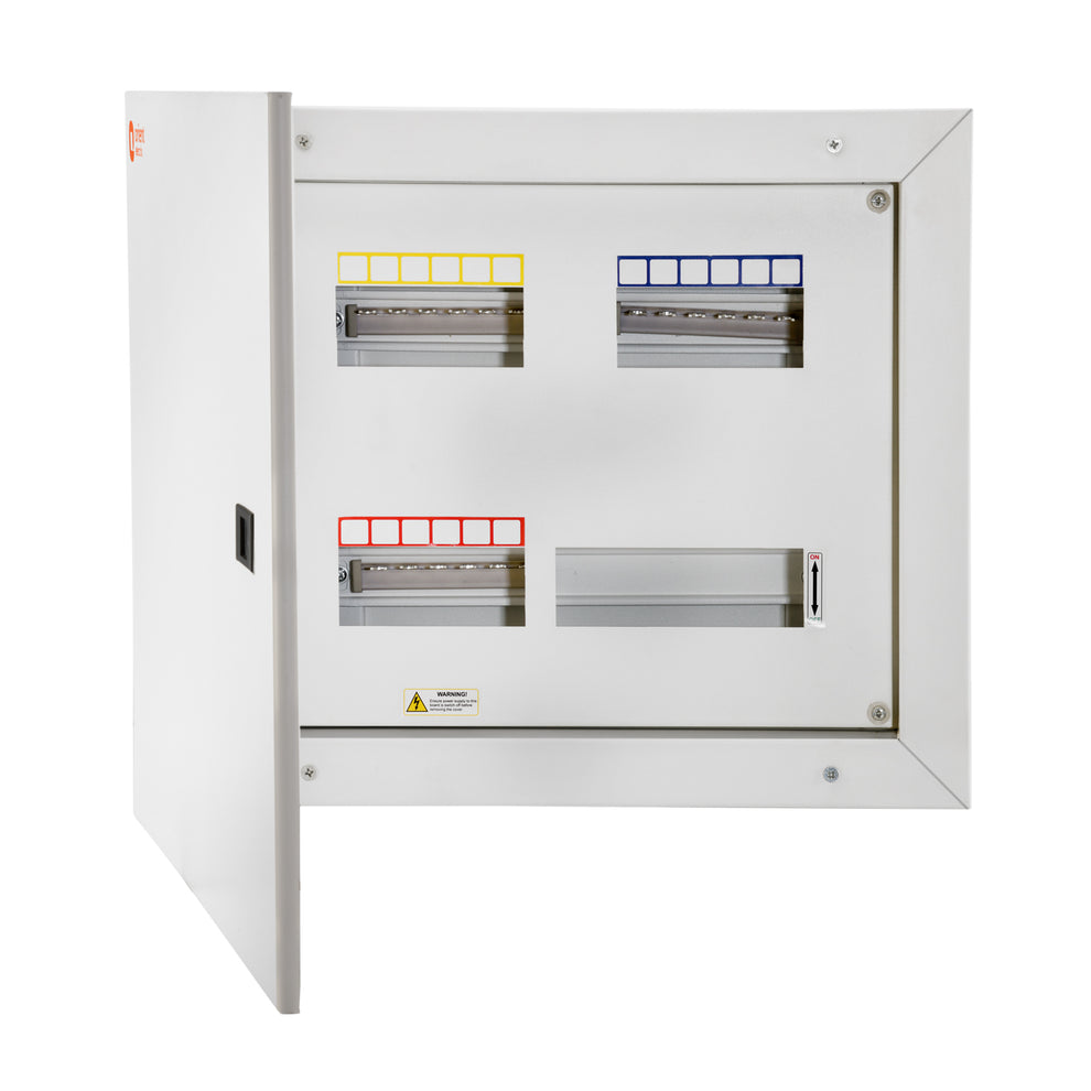 TPN 4W Canvas 'O' Horizontal Double Door Distribution Board - open door view with phase coloured DIN rails - Orient Electric