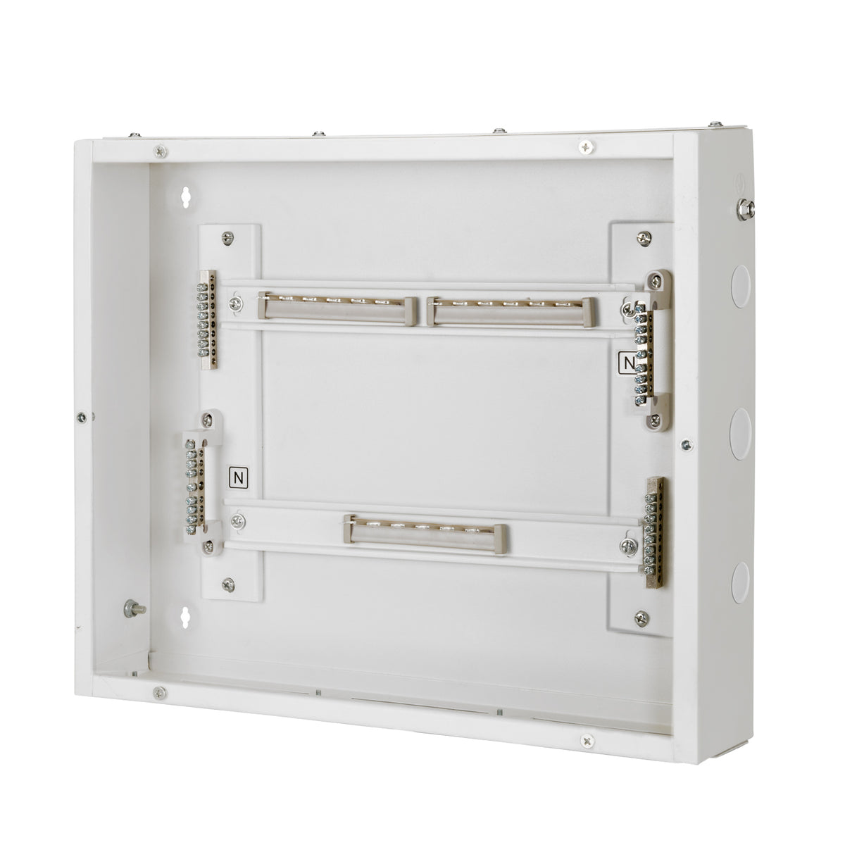 TPN 8W Canvas 'O' Horizontal Double Door Distribution Board - internal view with busbar and neutral earth bars - Orient Electric