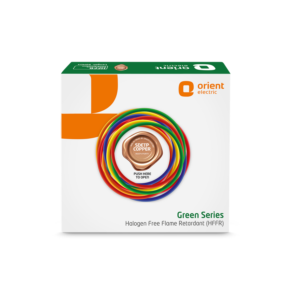 Green Series 90m HFFR Halogen Free Flame Retardant Wire, 0.75 sq.mm to 6.0 sq.mm, Red, White, Blue, Green, Yellow, Black - Orient Electric Green Series HFFR box, front view, 90 metre coil pack