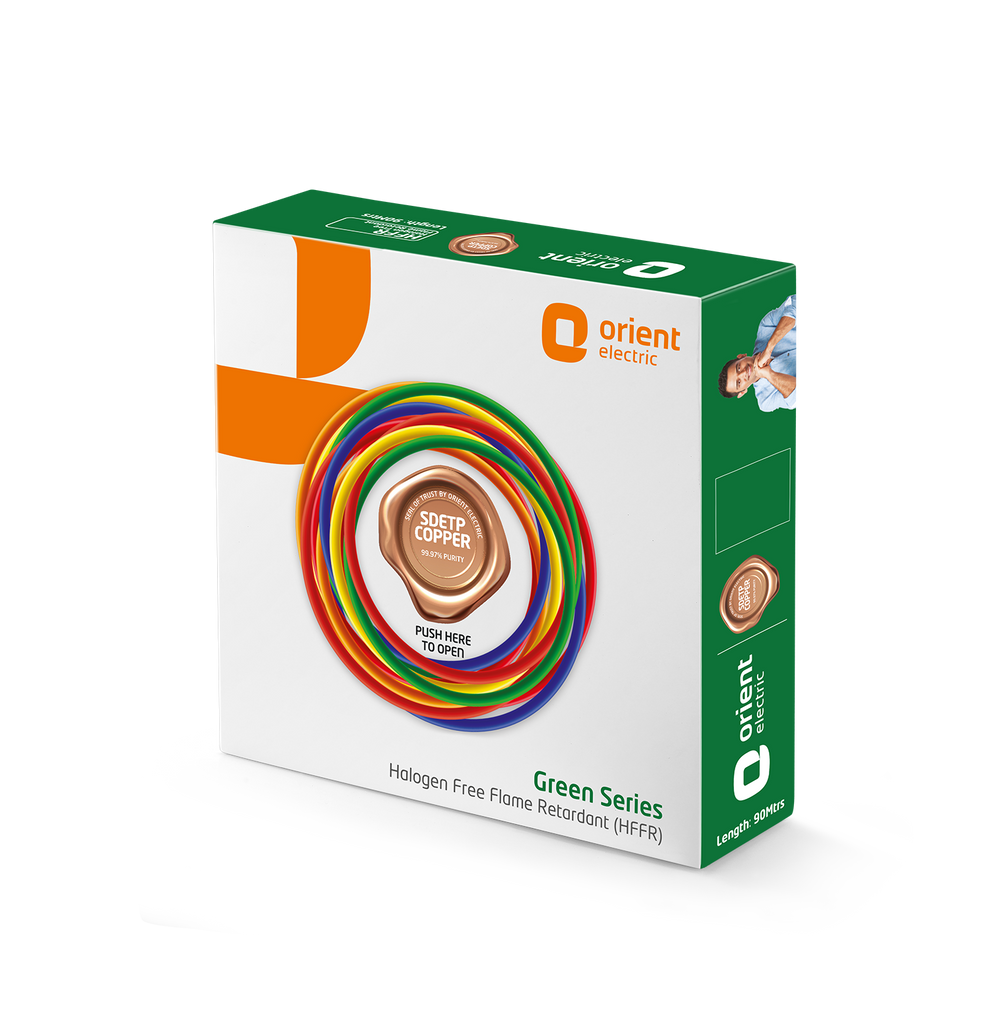 Green Series 90m HFFR Halogen Free Flame Retardant Wire, 0.75 sq.mm to 6.0 sq.mm, Red, White, Blue, Green, Yellow, Black - Orient Electric Green Series HFFR box, left view, 90 metre coil pack