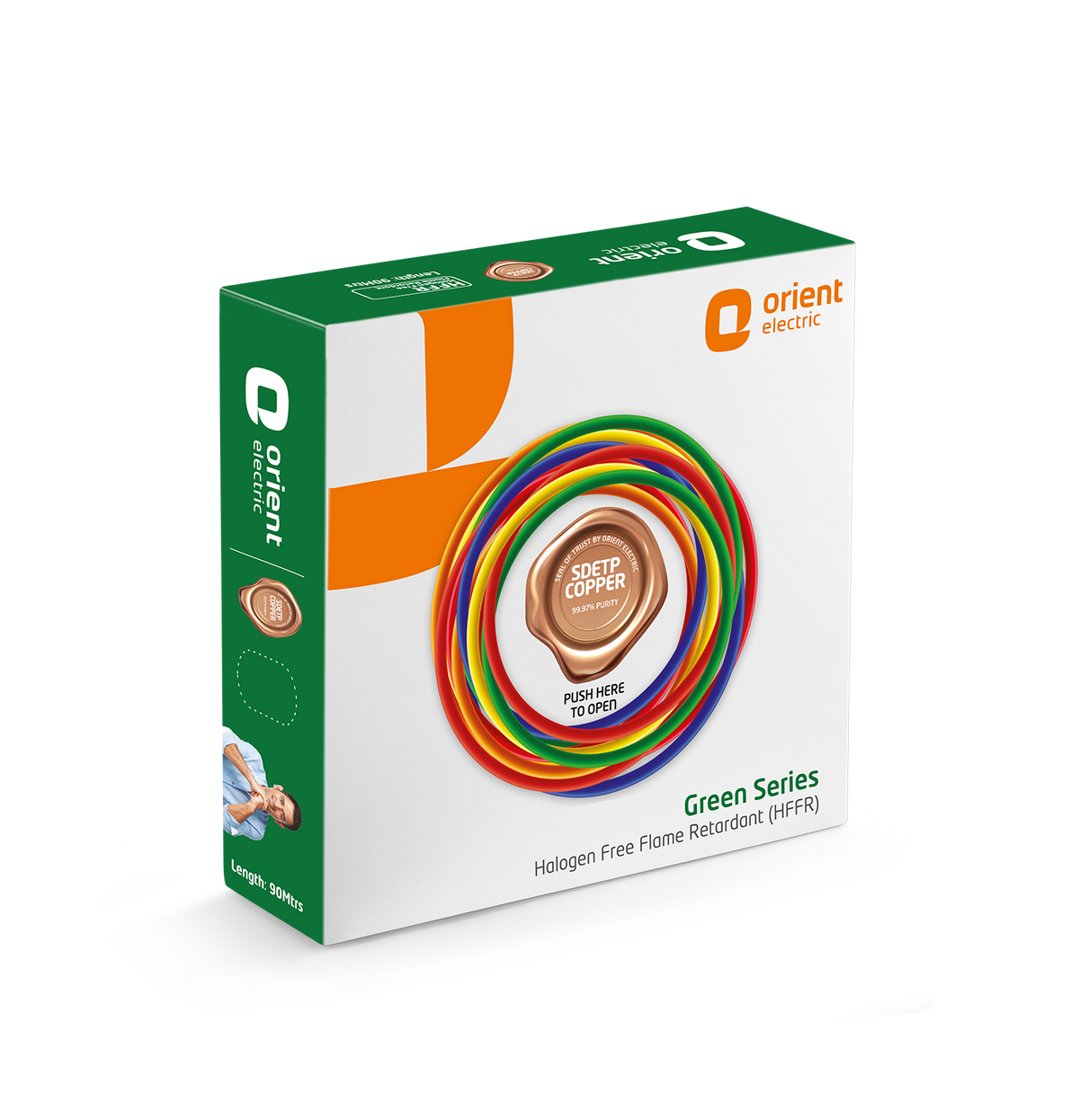 Green Series 90m HFFR Halogen Free Flame Retardant Wire, 0.75 sq.mm to 6.0 sq.mm, Red, White, Blue, Green, Yellow, Black - Orient Electric Green Series HFFR box, right view, 90 metre coil pack