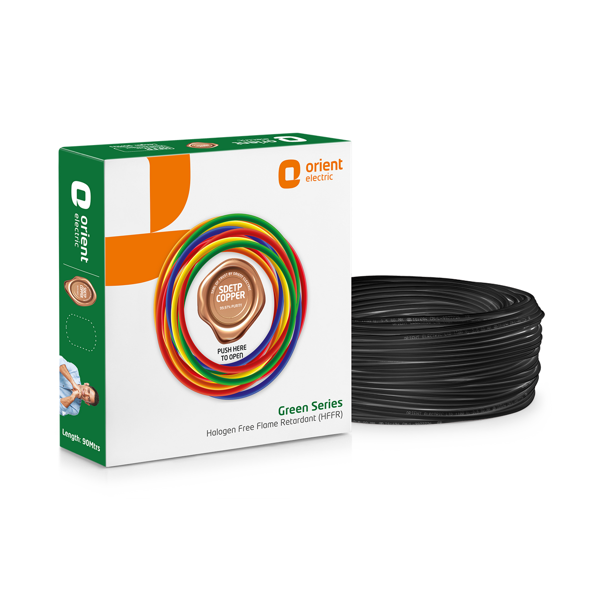 Green Series 90m HFFR Halogen Free Flame Retardant Wire, 0.75 sq.mm to 6.0 sq.mm, Black - Orient Electric green box with SDETP copper seal and black wire coil