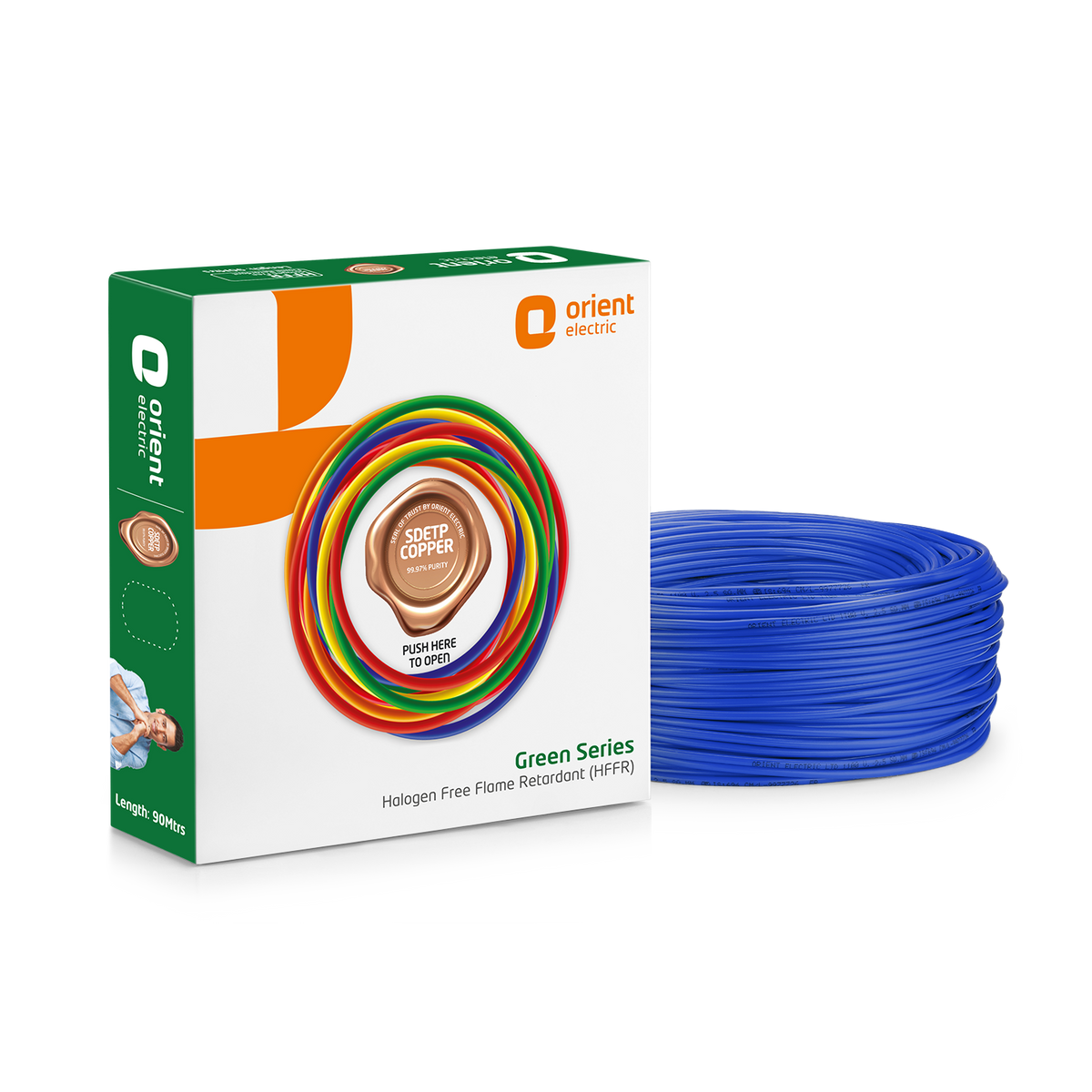 Green Series 90m HFFR Halogen Free Flame Retardant Wire, 0.75 sq.mm to 6.0 sq.mm, Blue - Orient Electric green box with SDETP copper seal and blue wire coil