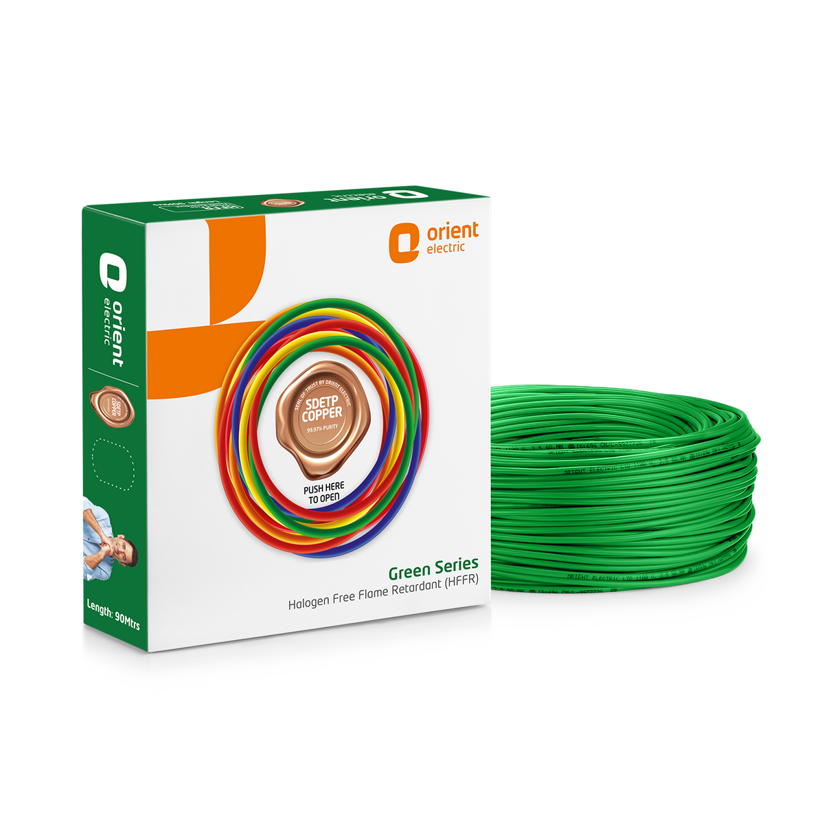 Green Series 90m HFFR Halogen Free Flame Retardant Wire, 0.75 sq.mm to 6.0 sq.mm, Green - Orient Electric green box with SDETP copper seal and green wire coil