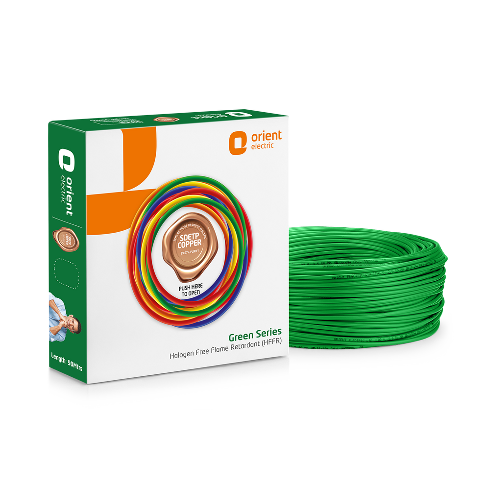 Green Series 90m HFFR Halogen Free Flame Retardant Wire, 0.75 sq.mm to 6.0 sq.mm, Green - Orient Electric green box with SDETP copper seal and green wire coil