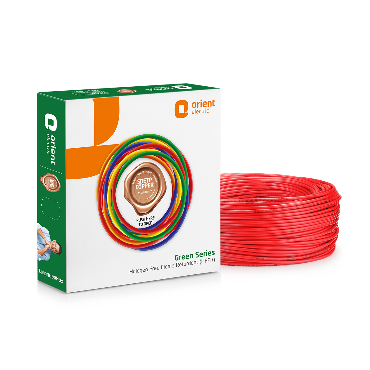 Green Series 90m HFFR Halogen Free Flame Retardant Wire, 0.75 sq.mm to 6.0 sq.mm, Red - Orient Electric green box with SDETP copper seal and red wire coil