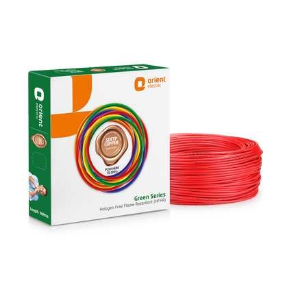 Green Series 90m HFFR Halogen Free Flame Retardant Wire, 0.75 sq.mm to 6.0 sq.mm, Red - Orient Electric green box with SDETP copper seal and red wire coil