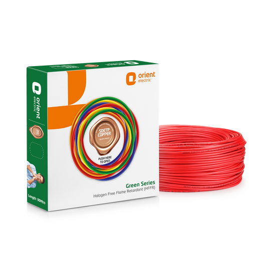 Green Series 90m HFFR Halogen Free Flame Retardant Wire, 0.75 sq.mm to 6.0 sq.mm, Red - Orient Electric green box with SDETP copper seal and red wire coil