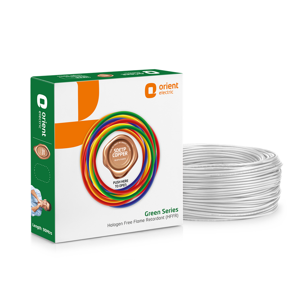 Green Series 90m HFFR Halogen Free Flame Retardant Wire, 0.75 sq.mm to 6.0 sq.mm, White - Orient Electric green box with SDETP copper seal and white wire coil