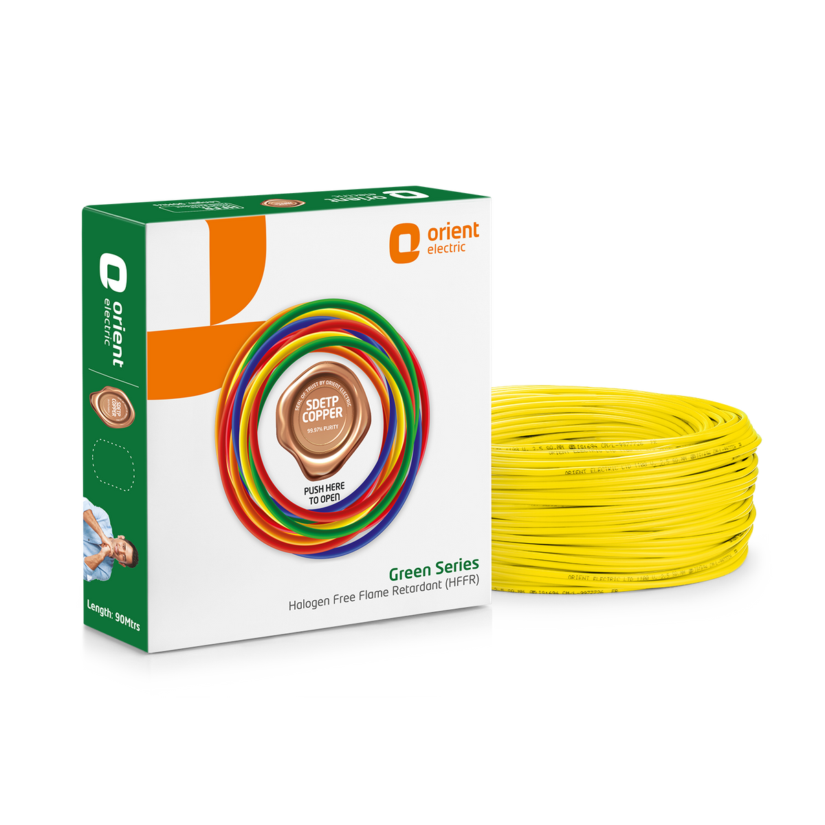 Green Series 90m HFFR Halogen Free Flame Retardant Wire, 0.75 sq.mm to 6.0 sq.mm, Yellow - Orient Electric green box with SDETP copper seal and yellow wire coil