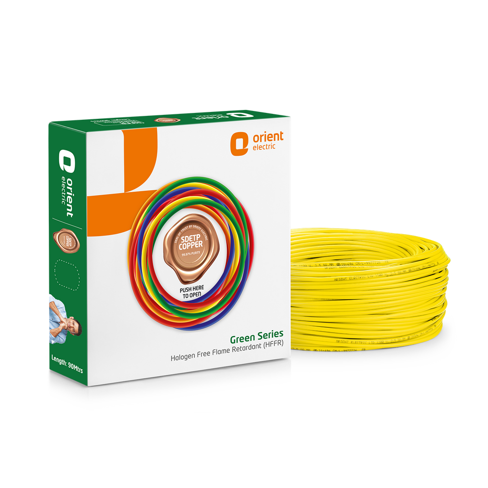 Green Series 90m HFFR Halogen Free Flame Retardant Wire, 0.75 sq.mm to 6.0 sq.mm, Yellow - Orient Electric green box with SDETP copper seal and yellow wire coil