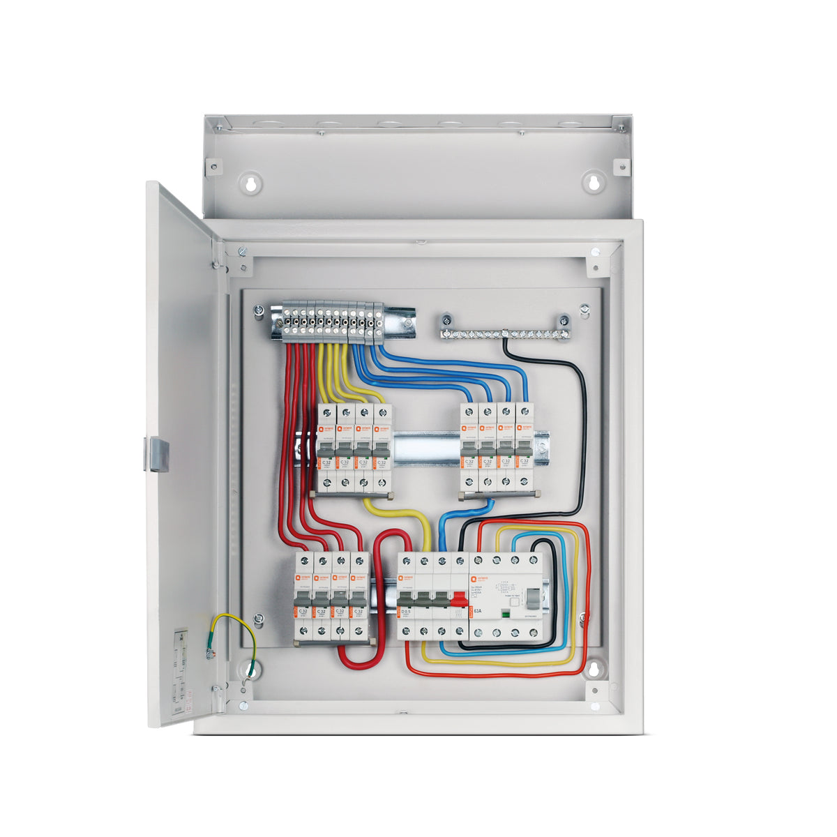 TPN 4W N' Series DB DD PW Cable End Box Distribution Board - open door view with prewired MCBs - Orient Electric