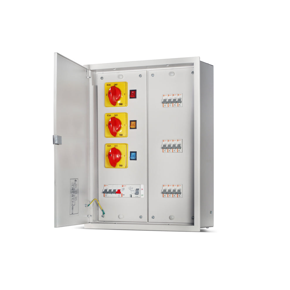 63A 8W N' Series Vertical Phase Selector TPN Distribution Board - open door angled view - Orient Electric